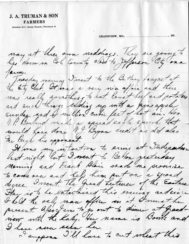 Letter from Harry S. Truman to Bess Wallace