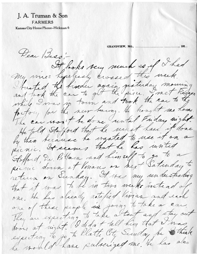 Letter from Harry S. Truman to Bess Wallace