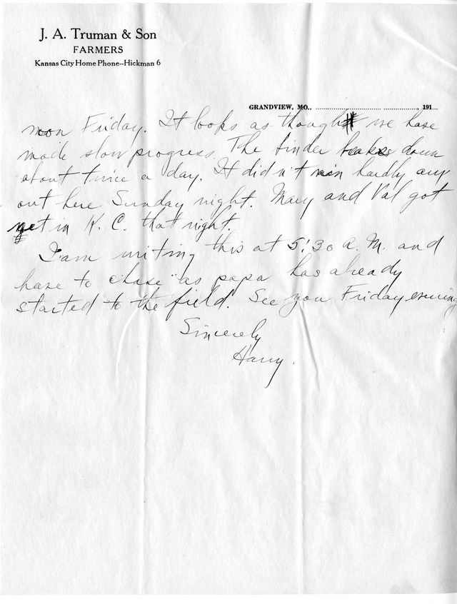 Letter from Harry S. Truman to Bess Wallace