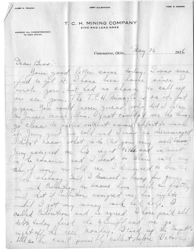 Letter from Harry S. Truman to Bess Wallace