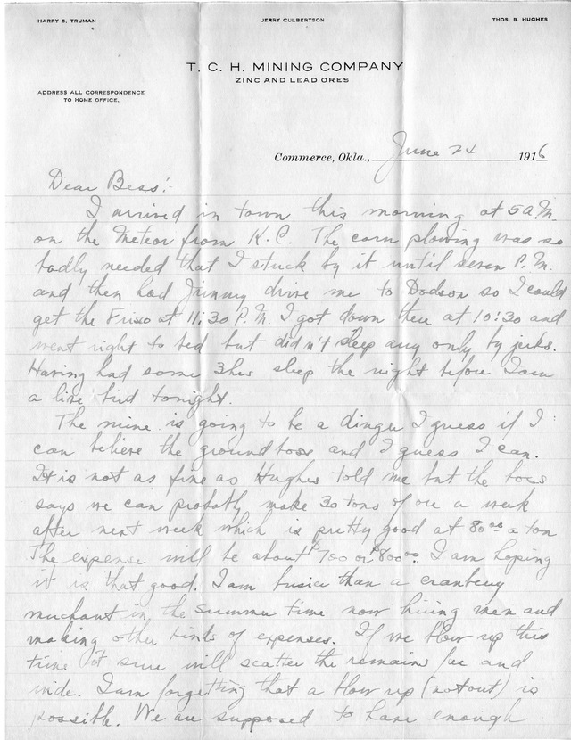 Letter from Harry S. Truman to Bess Wallace