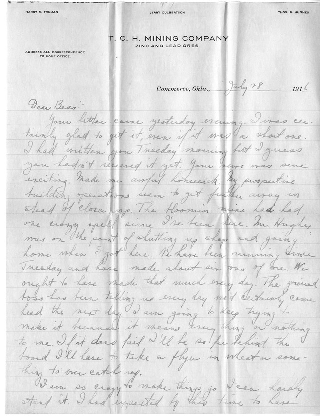 Letter from Harry S. Truman to Bess Wallace