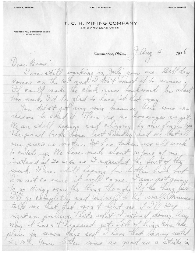 Letter from Harry S. Truman to Bess Wallace