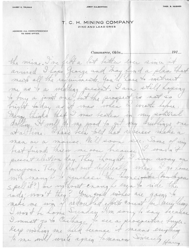 Letter from Harry S. Truman to Bess Wallace