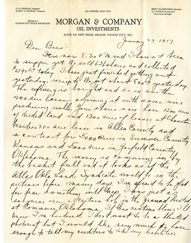 Letter from Harry S. Truman to Bess Wallace