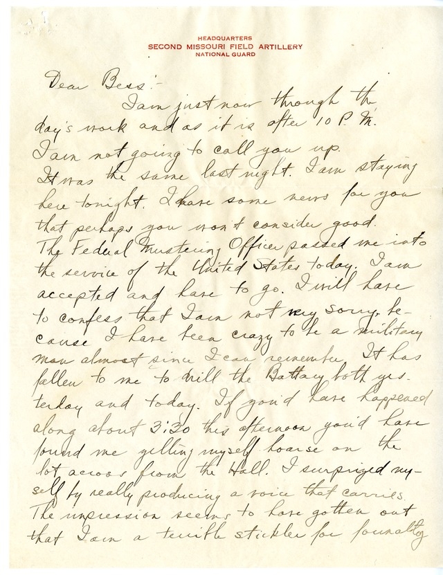 Letter from Harry S. Truman to Bess Wallace