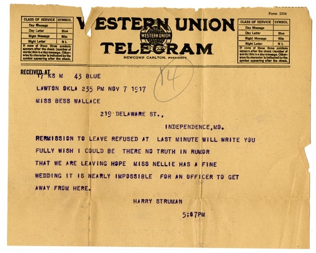 Telegram from Harry S. Truman to Bess Wallace