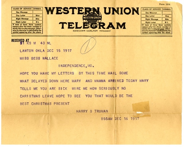 Telegram from Harry S. Truman to Bess Wallace