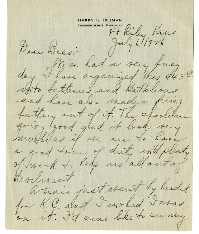 Letter from Harry S. Truman to Bess W. Truman