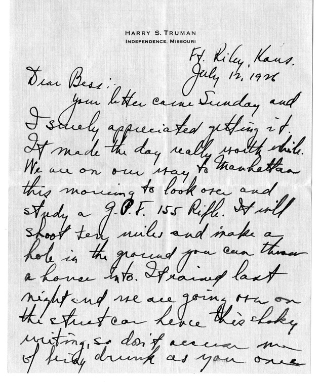 Letter from Harry S. Truman to Bess W. Truman