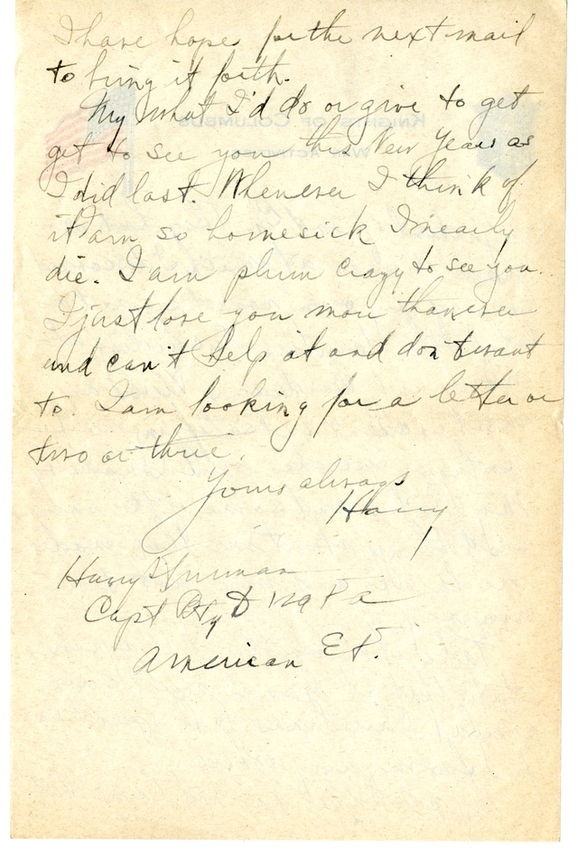 Letter from Harry S. Truman to Bess Wallace