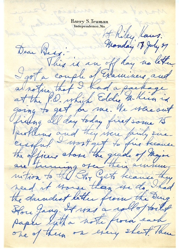 Letter from Harry S. Truman to Bess W. Truman