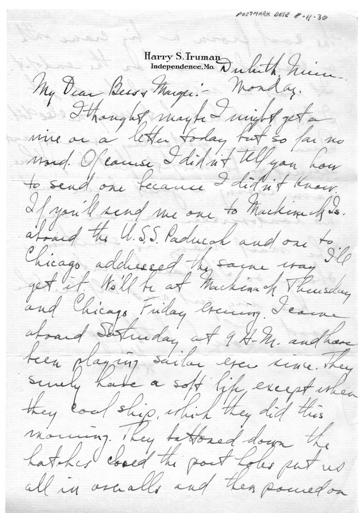 Letter from Harry S. Truman to Bess W. Truman