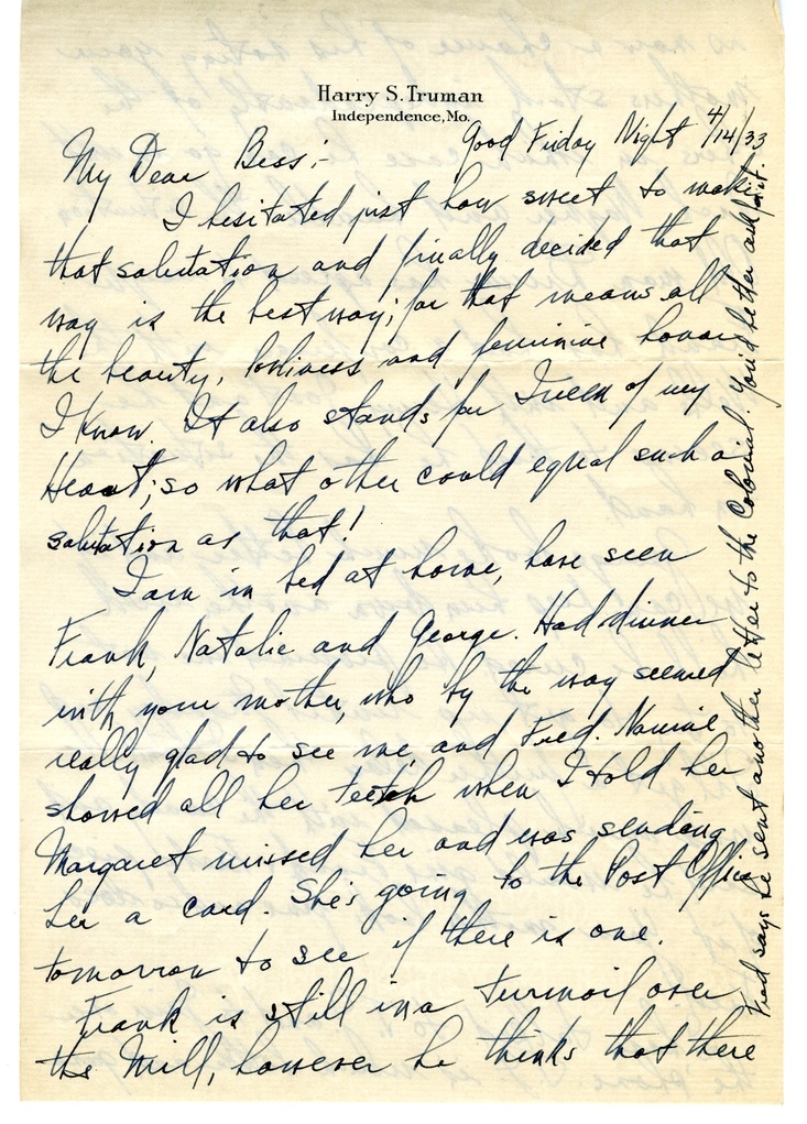 Letter from Harry S. Truman to Bess W. Truman