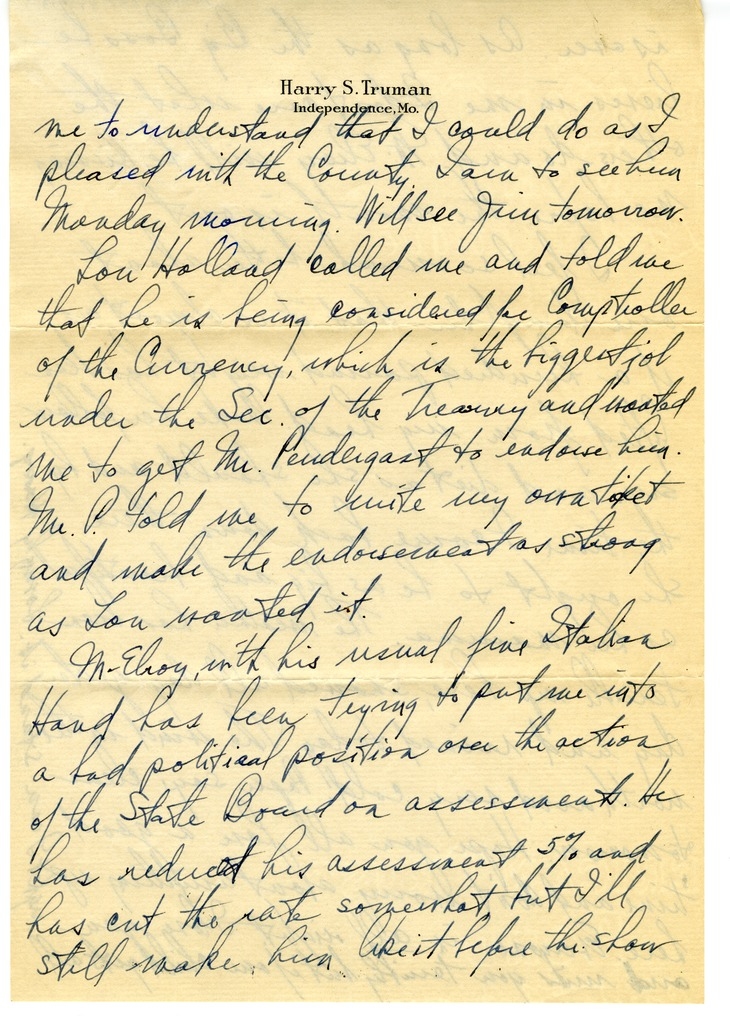 Letter from Harry S. Truman to Bess W. Truman