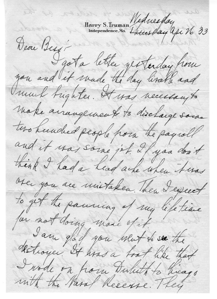 Letter from Harry S. Truman to Bess W. Truman