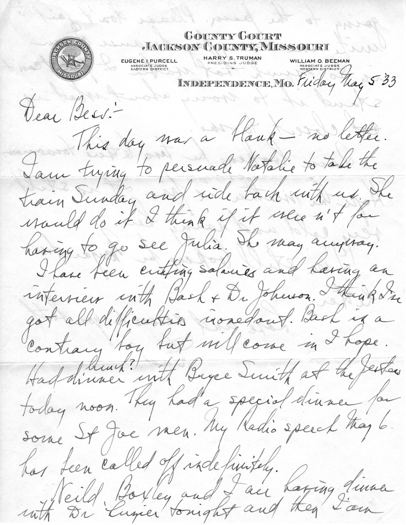 Letter from Harry S. Truman to Bess W. Truman