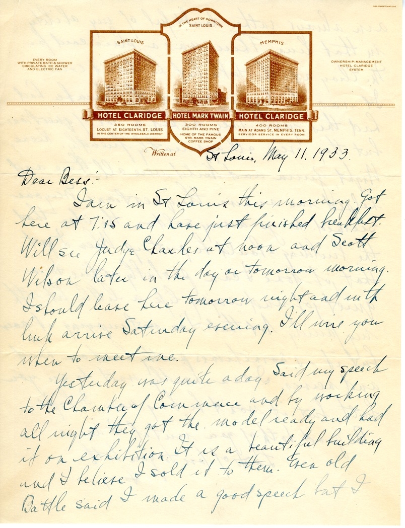 Letter from Harry S. Truman to Bess W. Truman