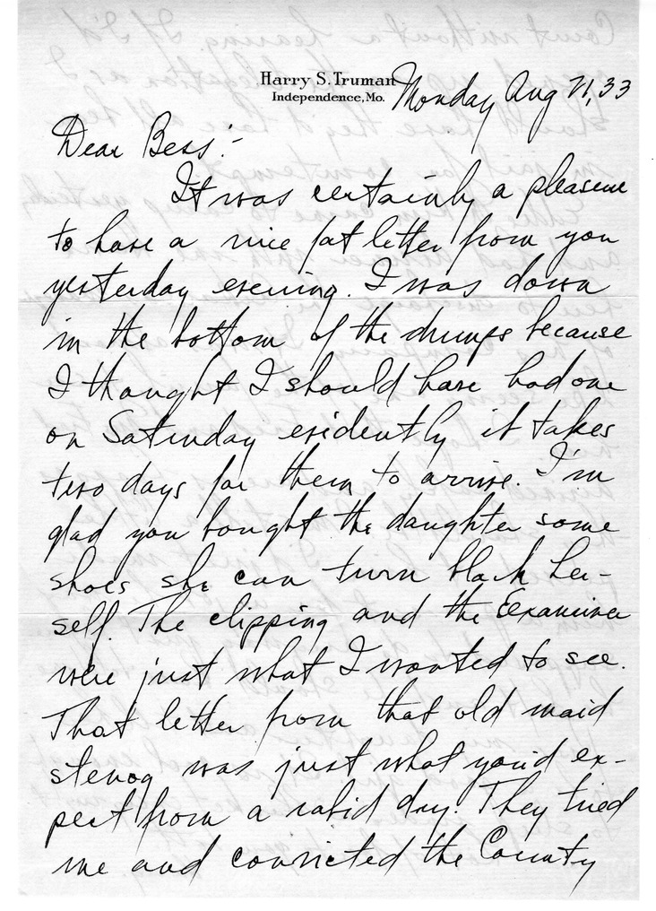 Letter from Harry S. Truman to Bess W. Truman