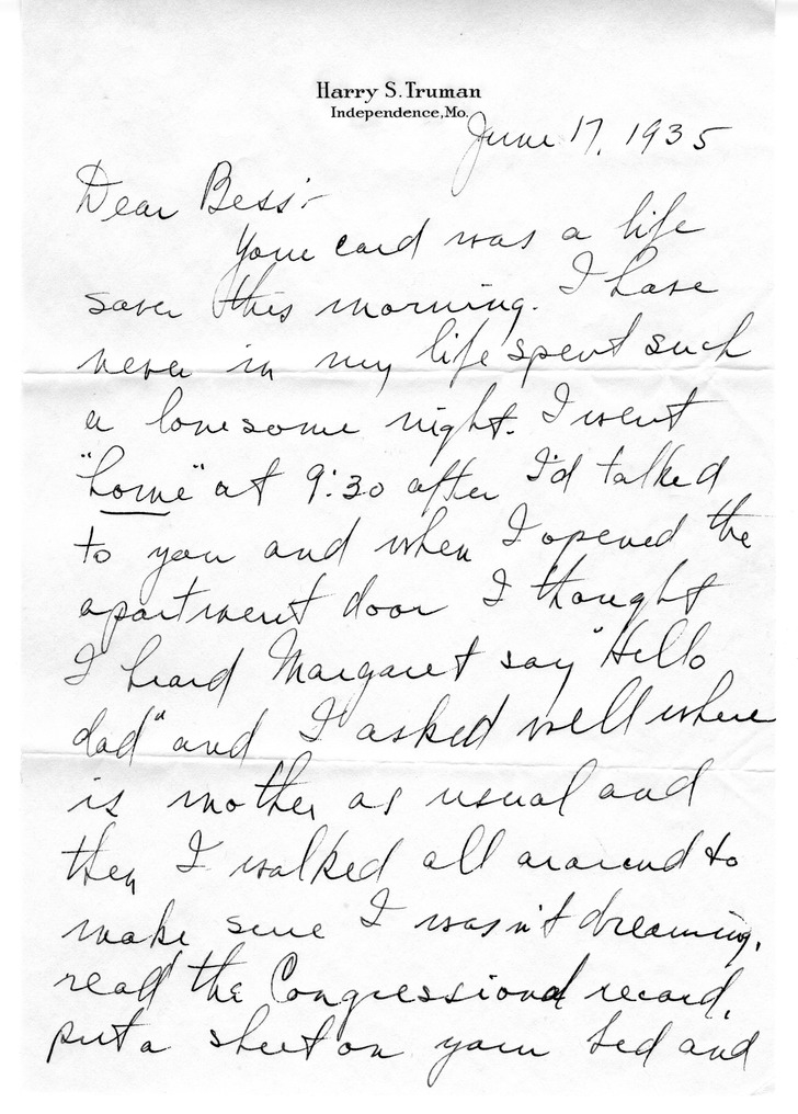 Letter from Harry S. Truman to Bess W. Truman