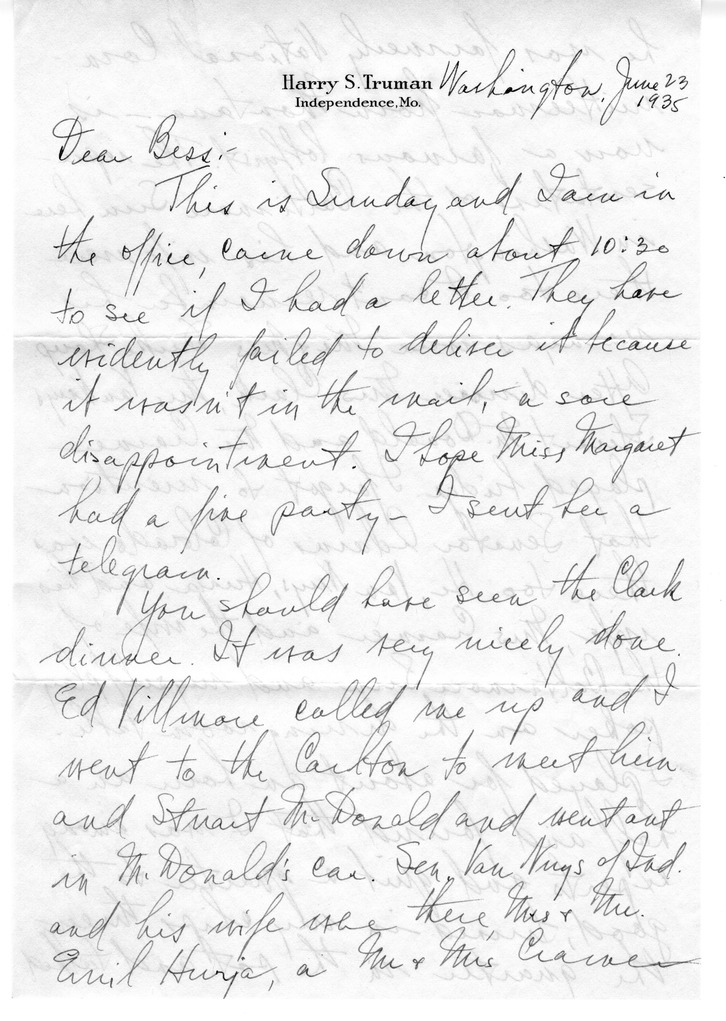 Letter from Harry S. Truman to Bess W. Truman