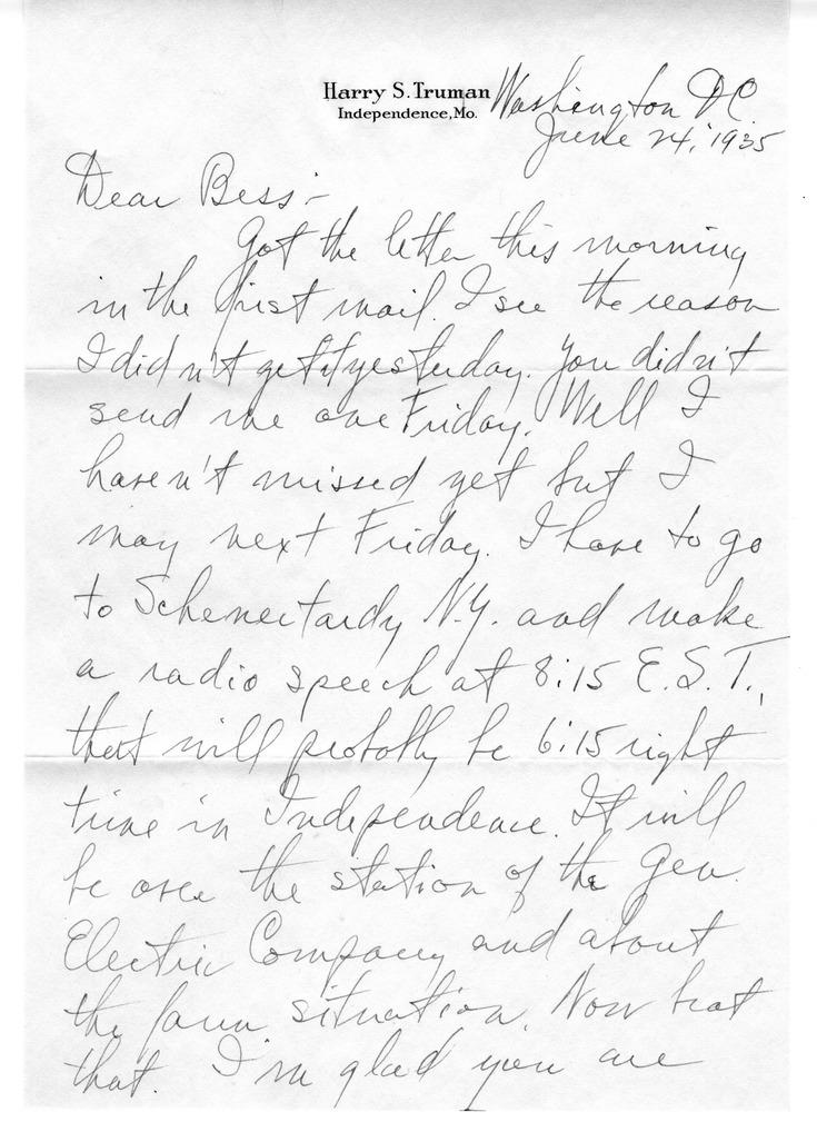 Letter from Harry S. Truman to Bess W. Truman