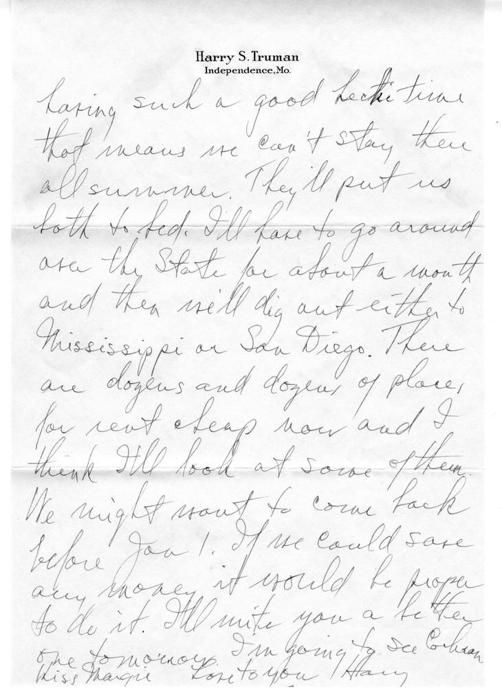 Letter from Harry S. Truman to Bess W. Truman