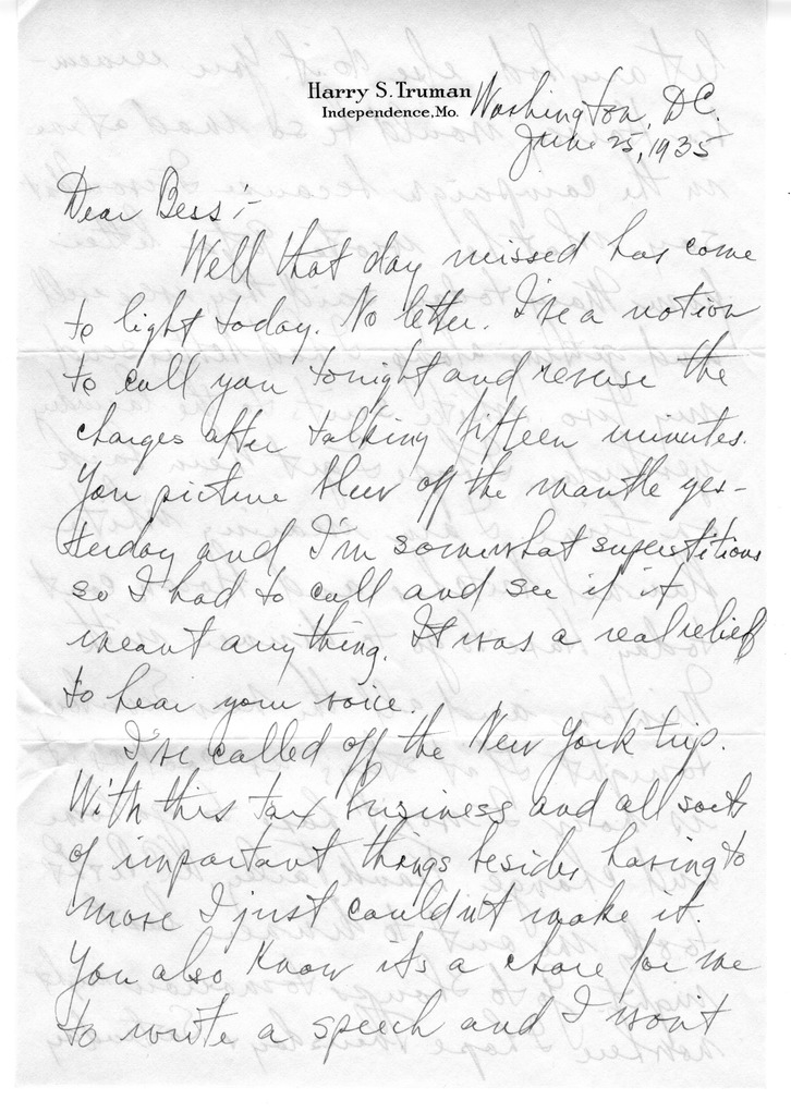 Letter from Harry S. Truman to Bess W. Truman