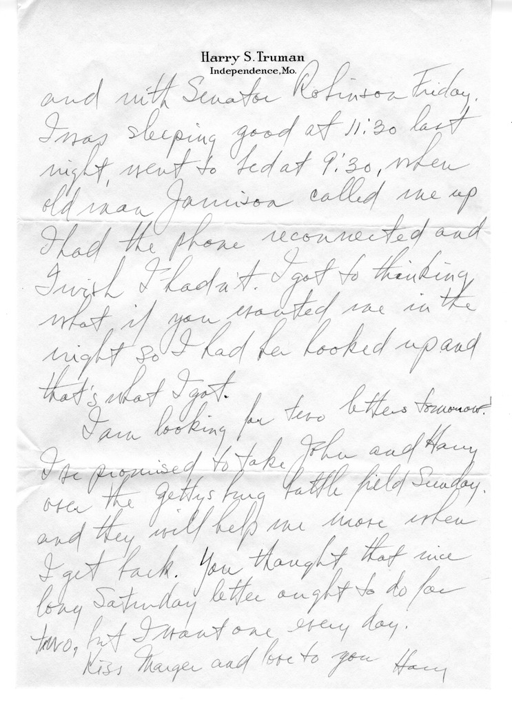 Letter from Harry S. Truman to Bess W. Truman