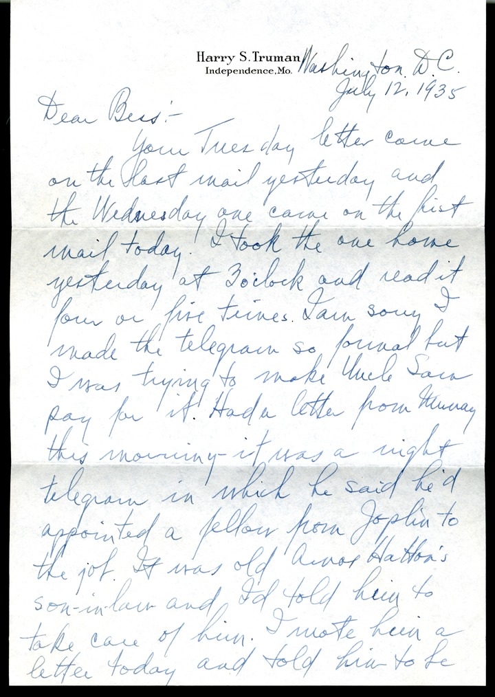 Letter from Harry S. Truman to Bess W. Truman