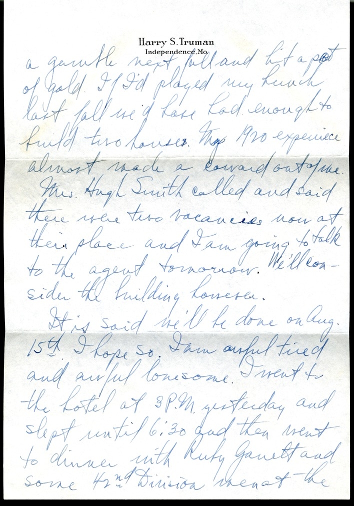 Letter from Harry S. Truman to Bess W. Truman