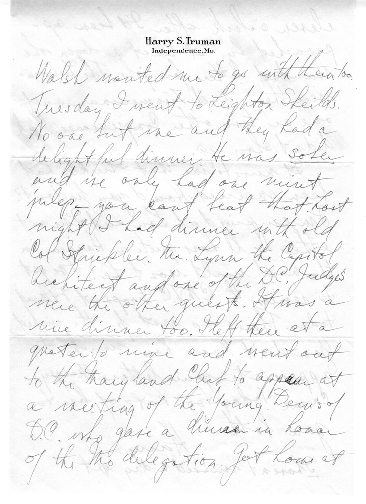 Letter from Harry S. Truman to Bess W. Truman