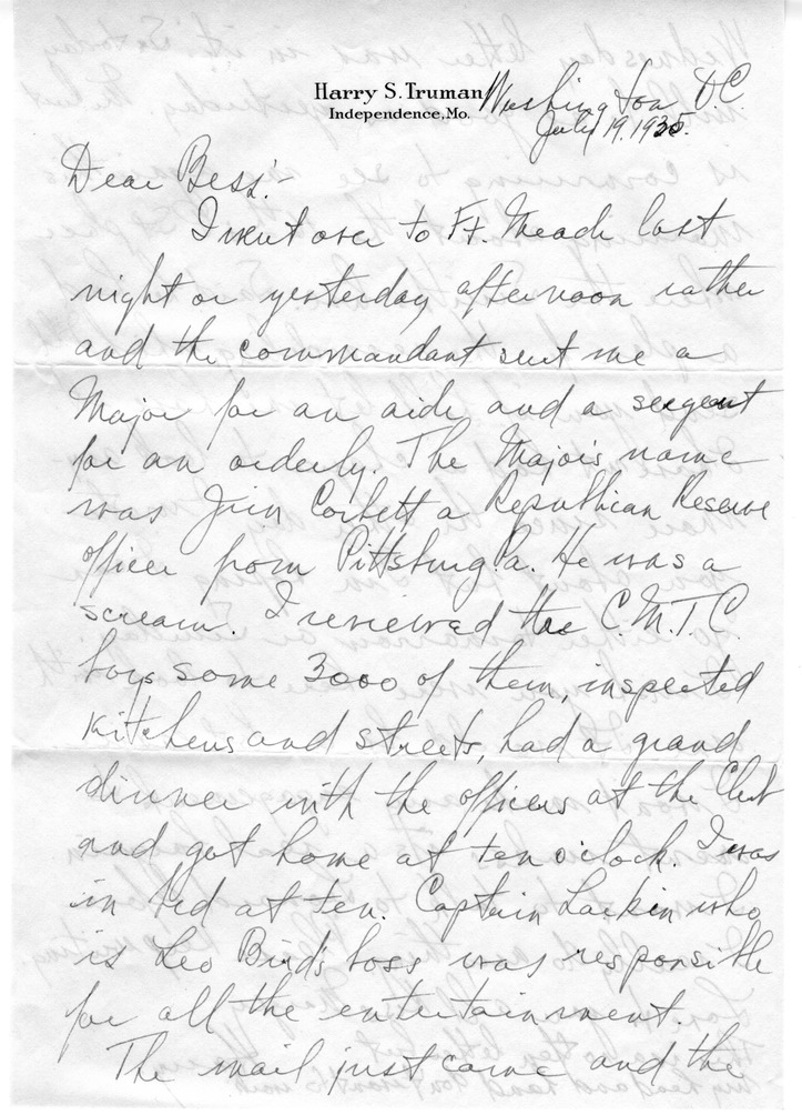 Letter from Harry S. Truman to Bess W. Truman