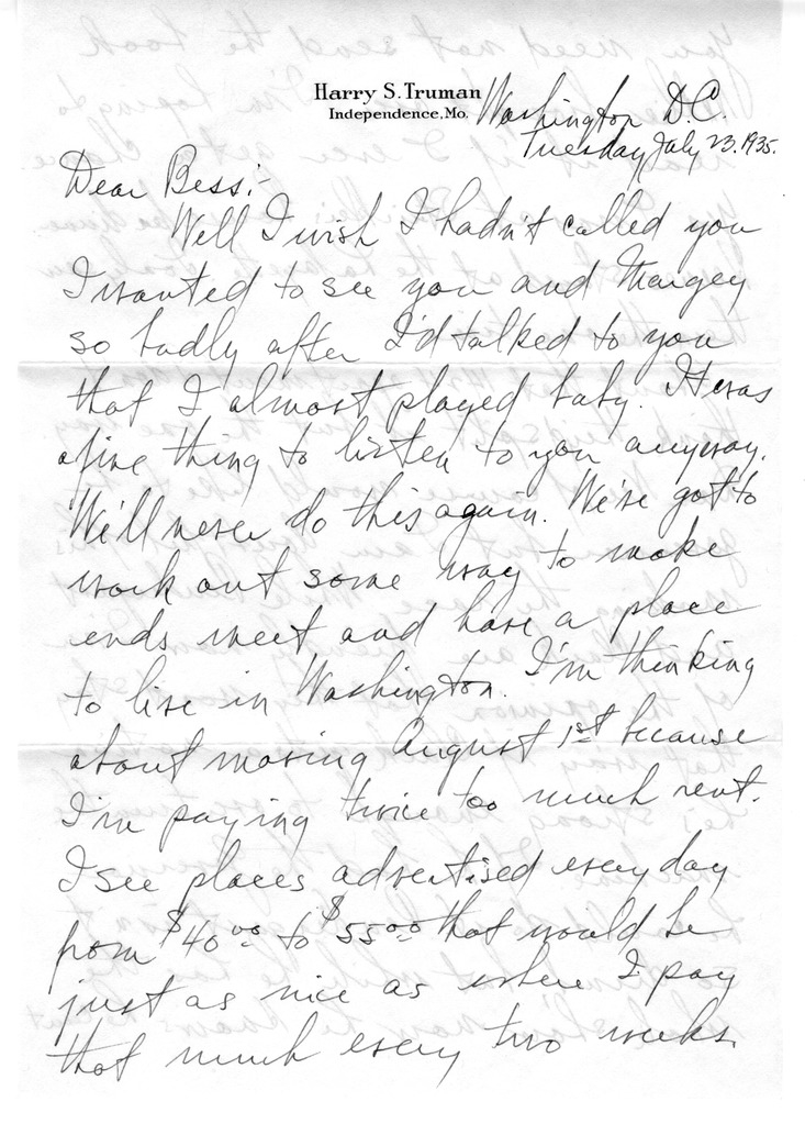 Letter from Harry S. Truman to Bess W. Truman