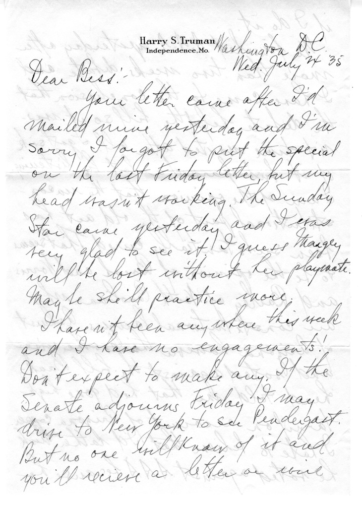 Letter from Harry S. Truman to Bess W. Truman