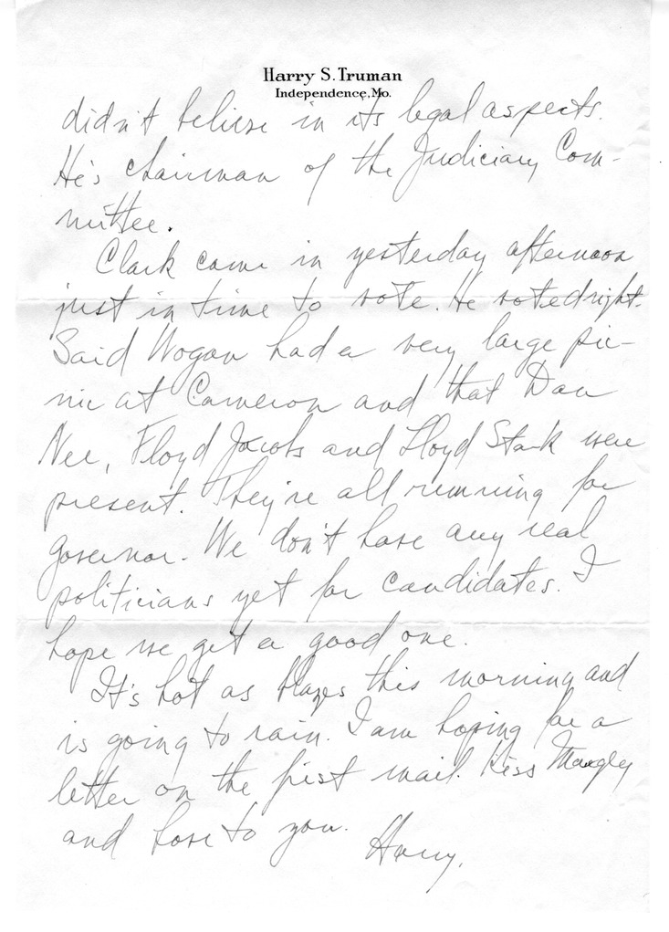 Letter from Harry S. Truman to Bess W. Truman