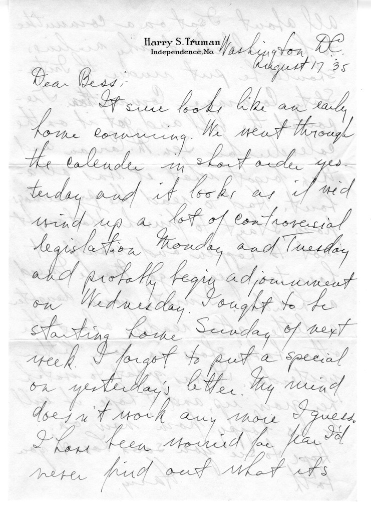 Letter from Harry S. Truman to Bess W. Truman