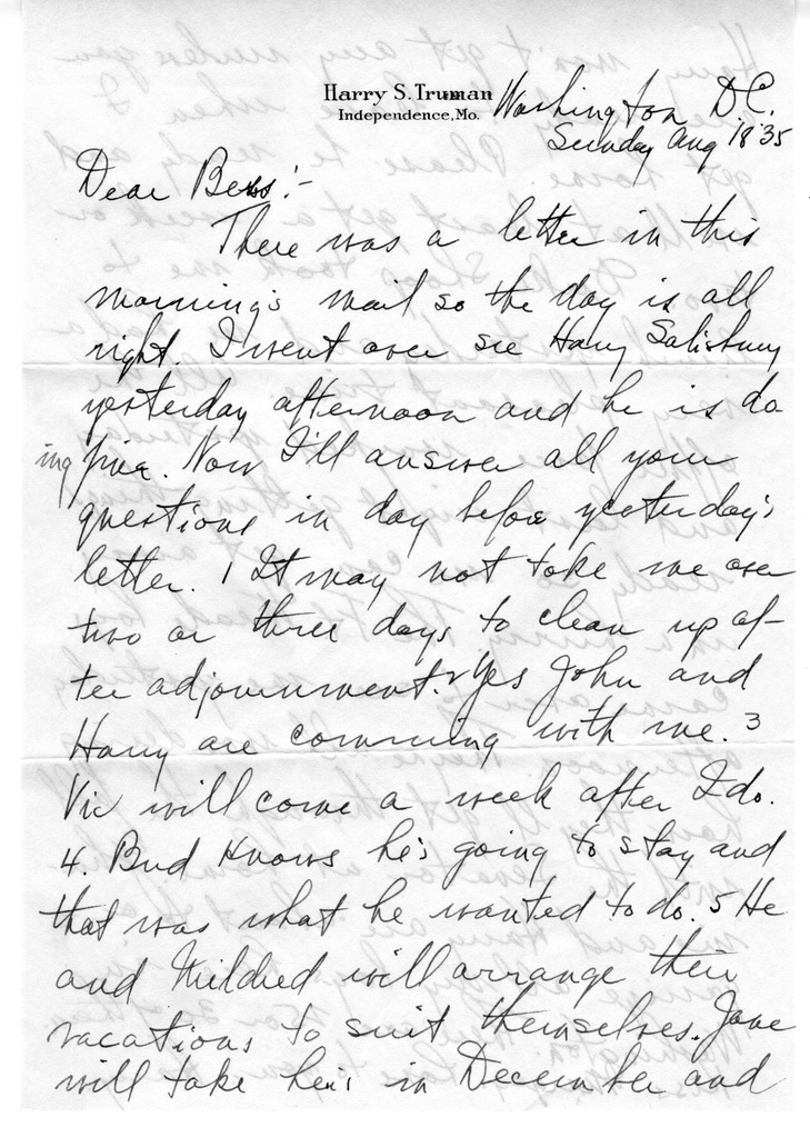 Letter from Harry S. Truman to Bess W. Truman