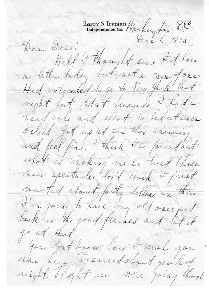 Letter from Harry S. Truman to Bess W. Truman