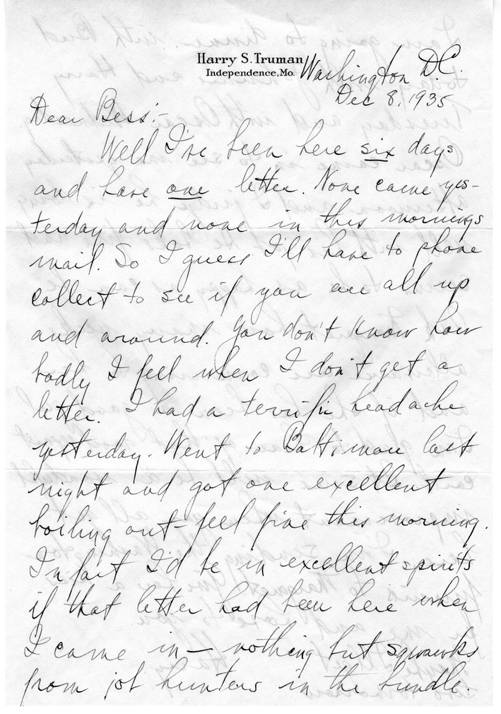 Letter from Harry S. Truman to Bess W. Truman