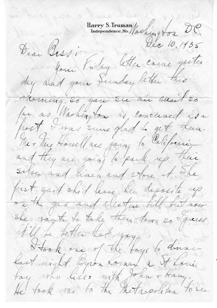 Letter from Harry S. Truman to Bess W. Truman