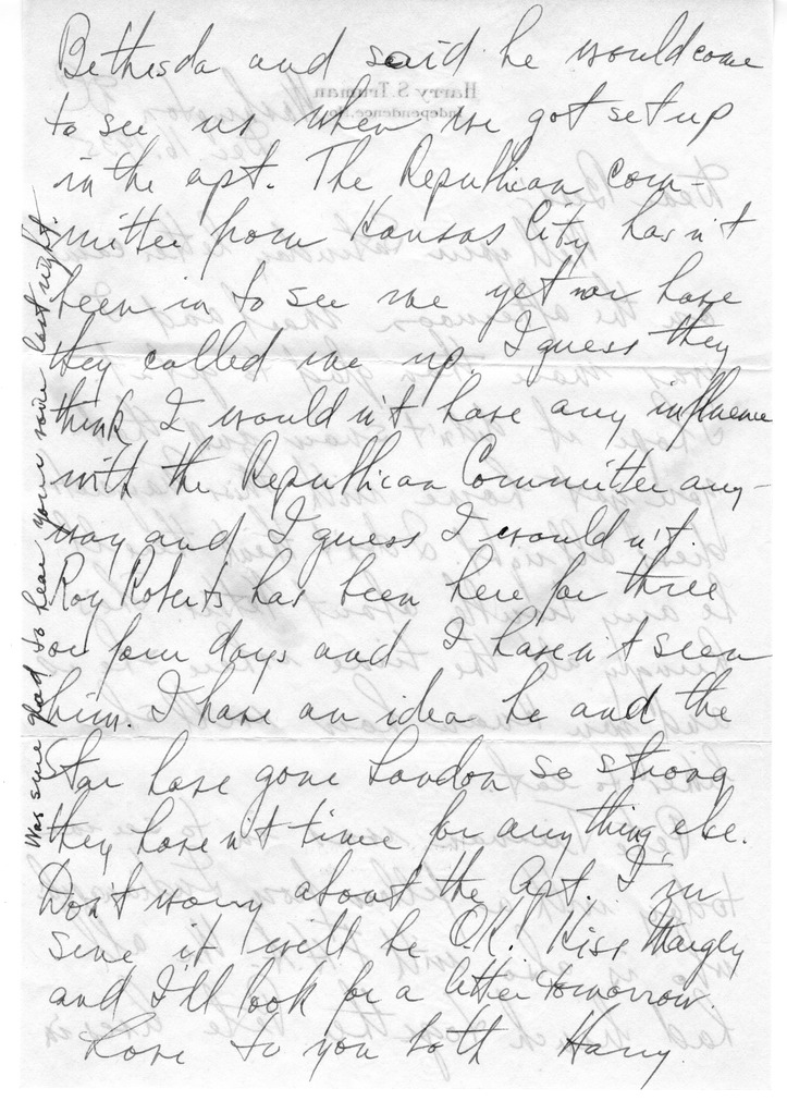 Letter from Harry S. Truman to Bess W. Truman