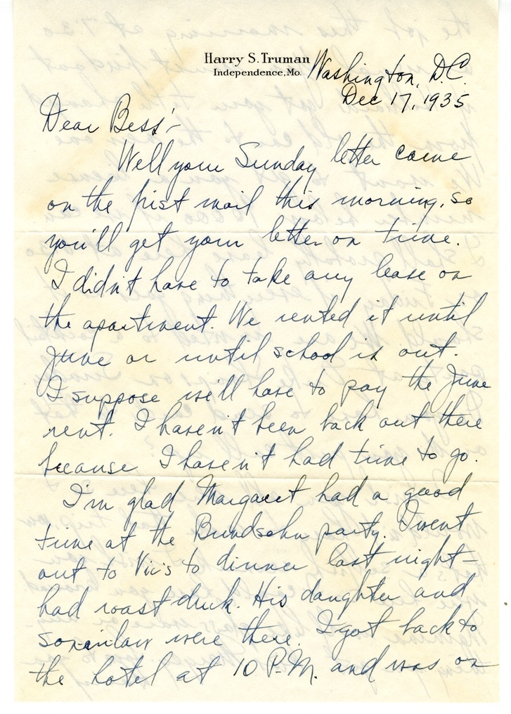 Letter from Harry S. Truman to Bess W. Truman