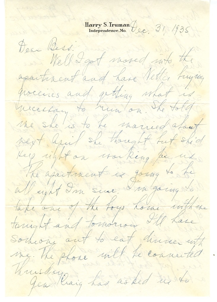 Letter from Harry S. Truman to Bess W. Truman