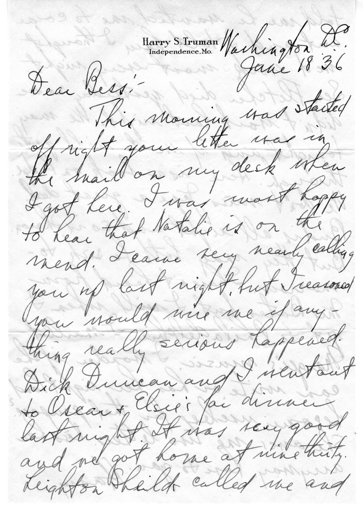 Letter from Harry S. Truman to Bess W. Truman