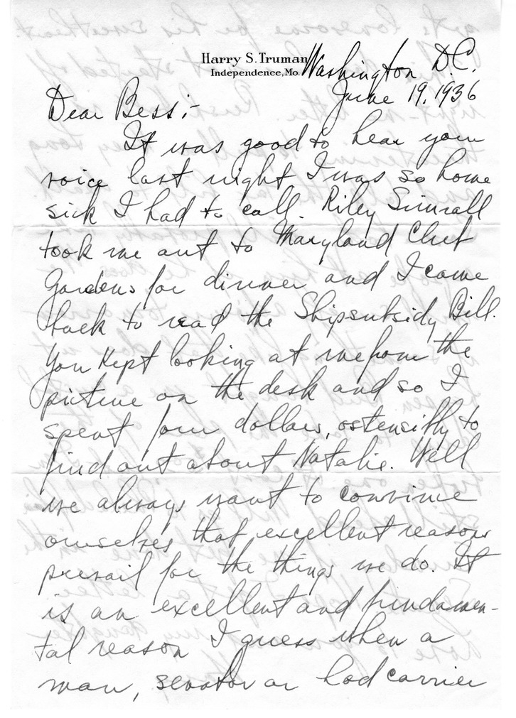 Letter from Harry S. Truman to Bess W. Truman