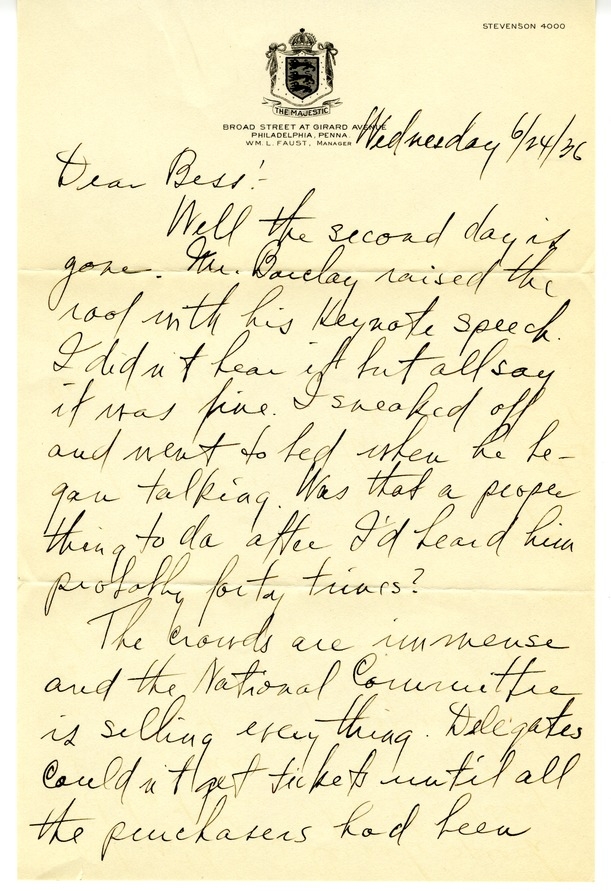 Letter from Harry S. Truman to Bess W. Truman