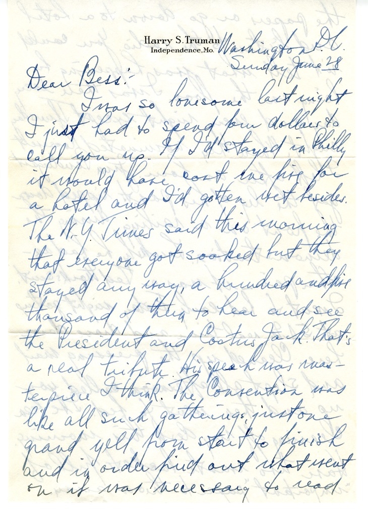 Letter from Harry S. Truman to Bess W. Truman