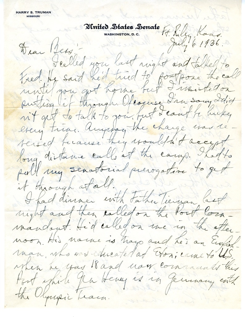 Letter from Harry S. Truman to Bess W. Truman