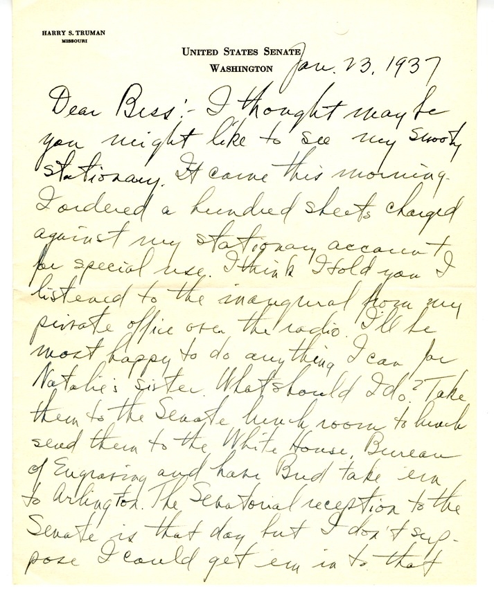 Letter from Harry S. Truman to Bess W. Truman